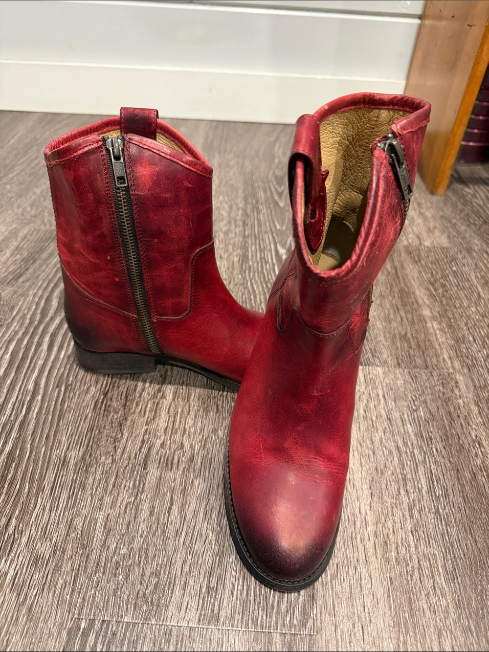 Frye “Melissa” Red Leather Ankle Boots with Side Zippers. Size 7